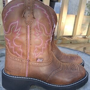 Justin Boots Brown Leather Western Combat Boots with Pink Stitching